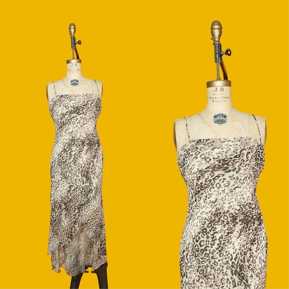 1990s-Y2K ONYX NITE LEOPARD Animal Print Slip Dress W/Asymmetrical Hem. S-M